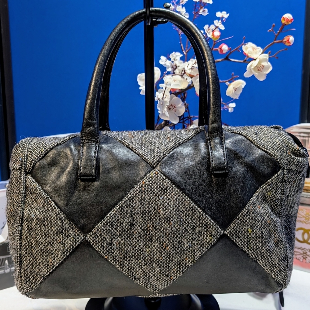 Botegga Veneta Dark Grey Wool And Black Leather Satchel - Picture 2 of 11